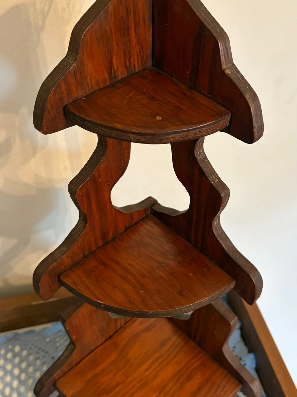 Vintage 1970’s Wooden Corner DisplayTrinket Shelf with 3 Tiered Design.